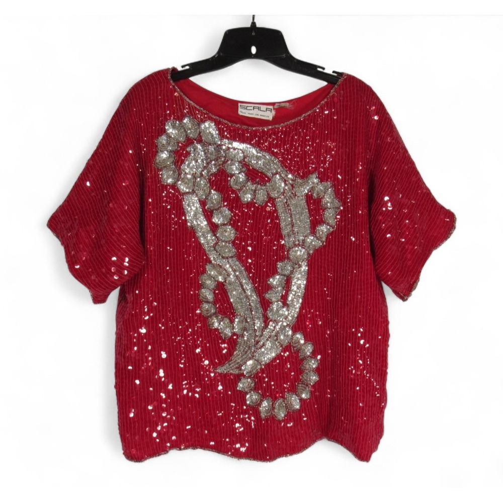 VTG SCALA Pure SILK Red SEQUIN Silver FLORAL DESIGN Evening Party BLOUSE/TOP M